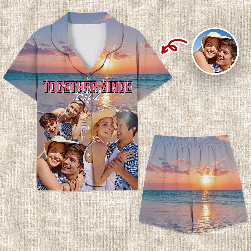 Custom Portrait Photo With Retro Style Short Pajamas Gift For Couple