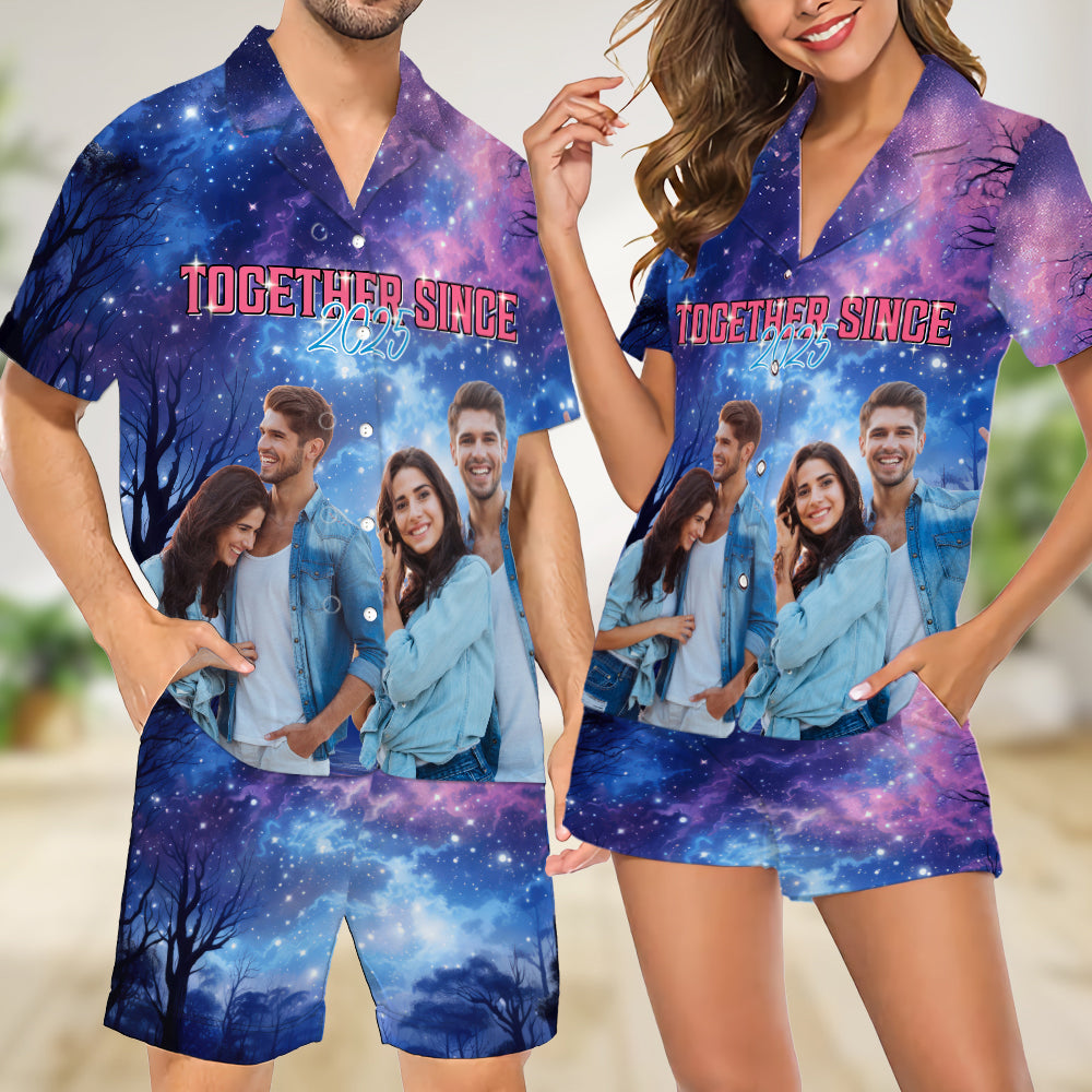 Custom Portrait Photo With Retro Style Short Pajamas Gift For Couple