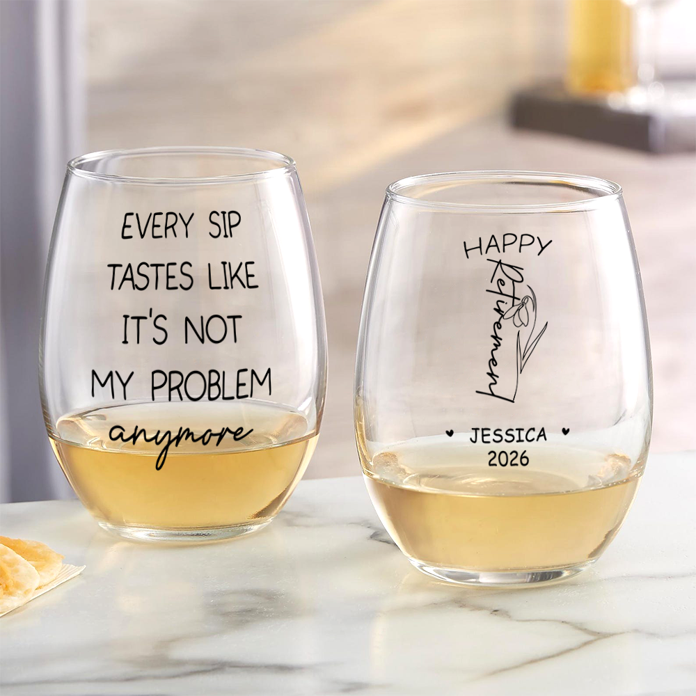 Personalized Name Birth Month Flower Wine Glass - Happy Retirement Gift