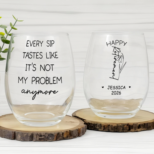 Personalized Name Birth Month Flower Wine Glass - Happy Retirement Gift