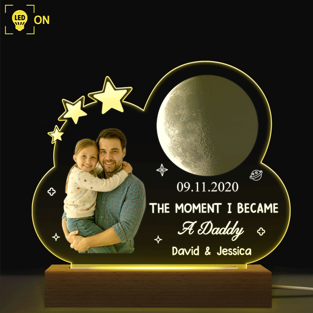 Custom Photo Moon Phase The Moment I Became A Dad - Personalized 3D Led Light Wooden Base