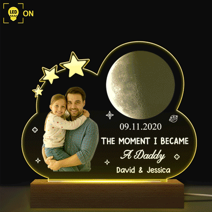 Custom Photo Moon Phase The Moment I Became A Dad - Personalized 3D Led Light Wooden Base