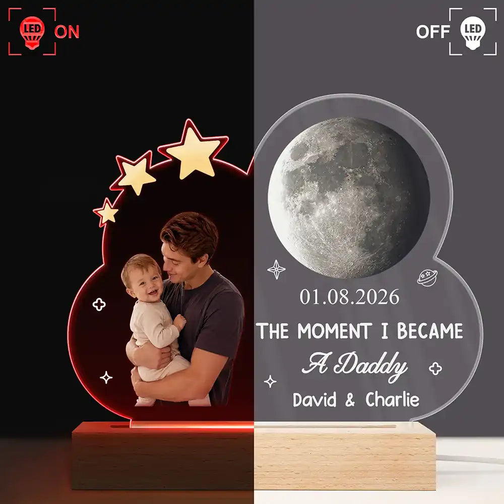 Custom Photo Moon Phase The Moment I Became A Dad - Personalized 3D Led Light Wooden Base
