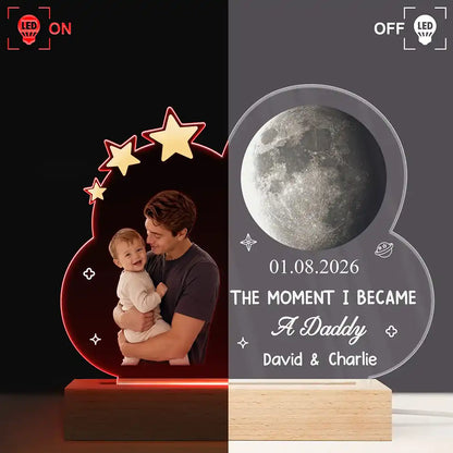 Custom Photo Moon Phase The Moment I Became A Dad - Personalized 3D Led Light Wooden Base