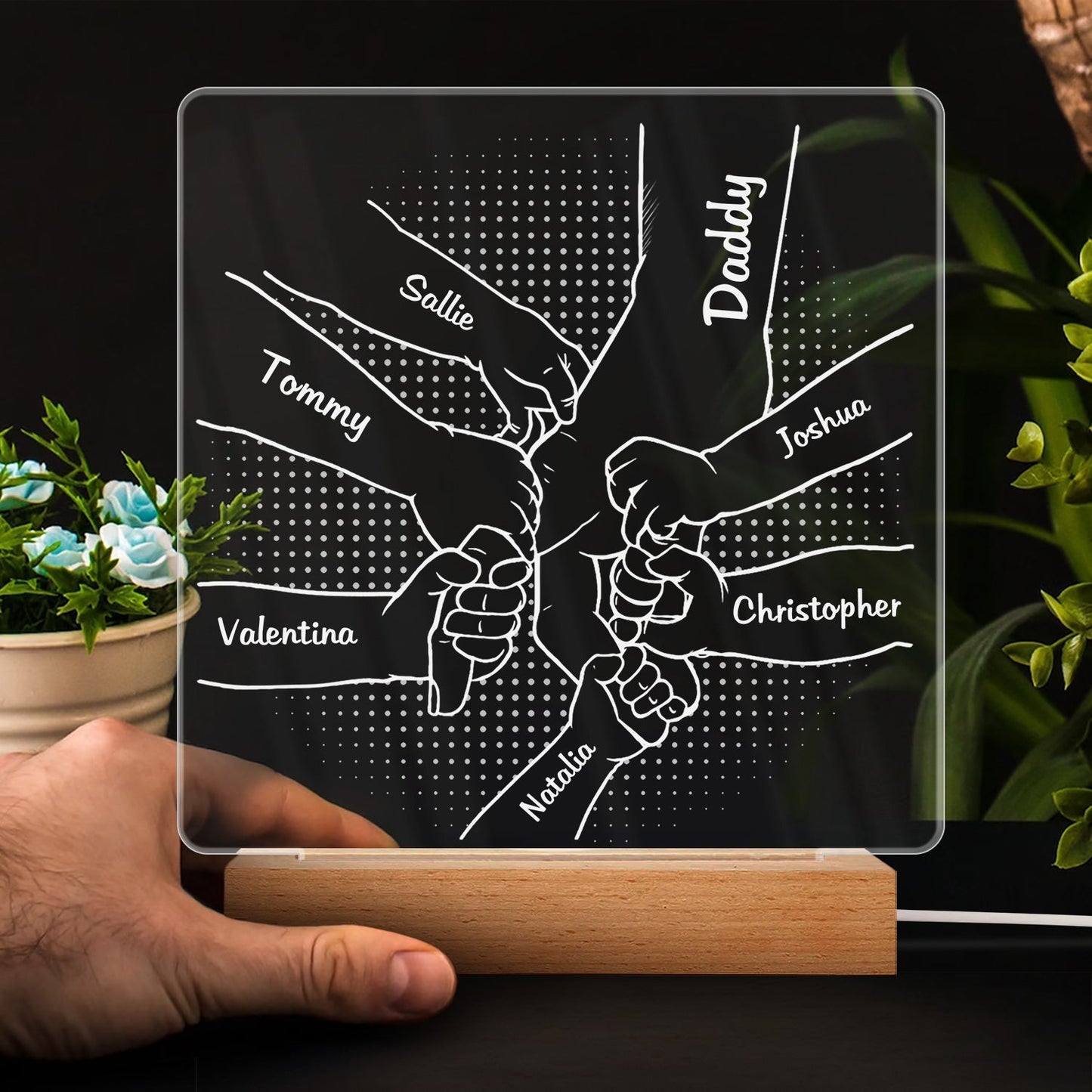 Hand In Hand, I Will Always Protect You - Personalized Custom 3D Led Light Wooden Base