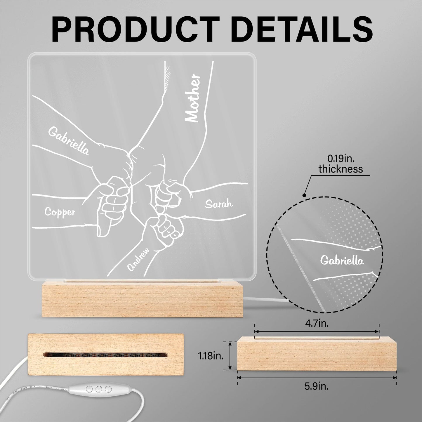 Hand In Hand, I Will Always Protect You - Personalized Custom 3D Led Light Wooden Base