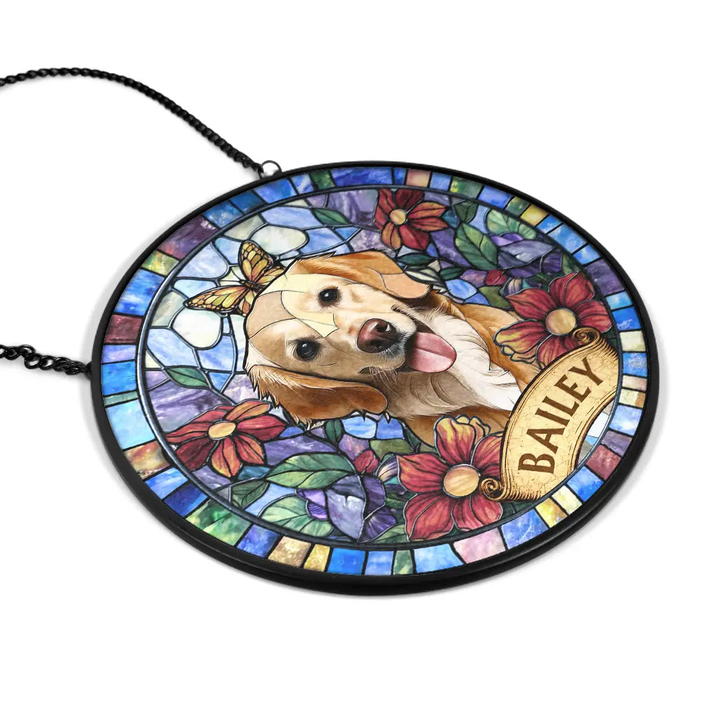 Custom Photo Stained Glass Portrait Dog Cat Family - Personalized Stained Glass Window Hanging Suncatcher