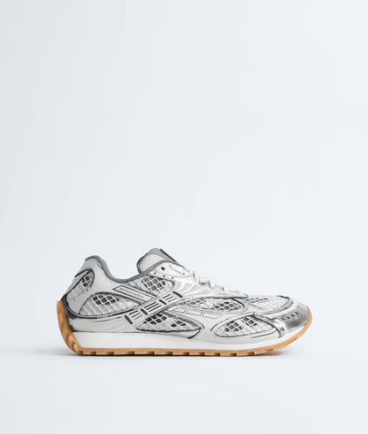Men’s Bottega Veneta Orbit Flash Suede-Trimmed Silver Sneakers