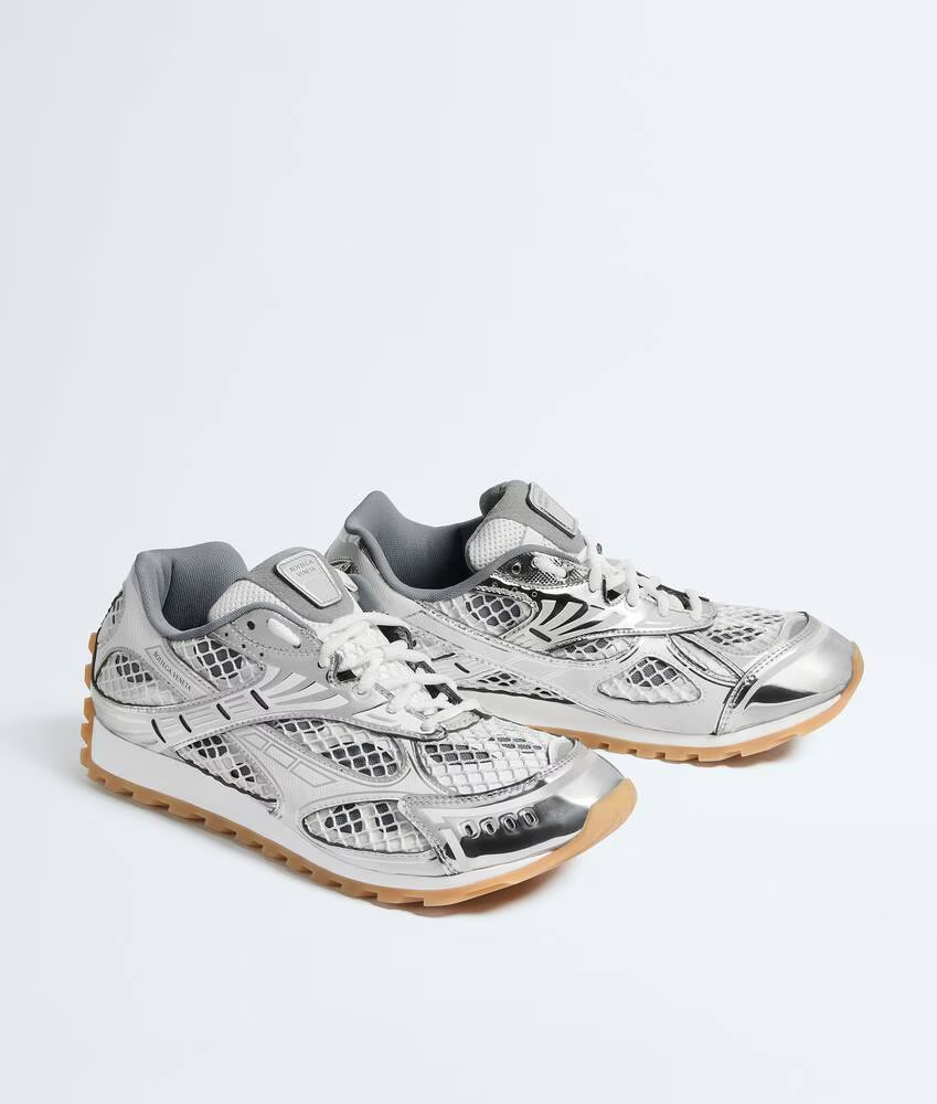 Men’s Bottega Veneta Orbit Flash Suede-Trimmed Silver Sneakers