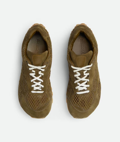 Men’s Bottega Veneta Orbit Flash Suede-Trimmed Olive Oil Sneakers