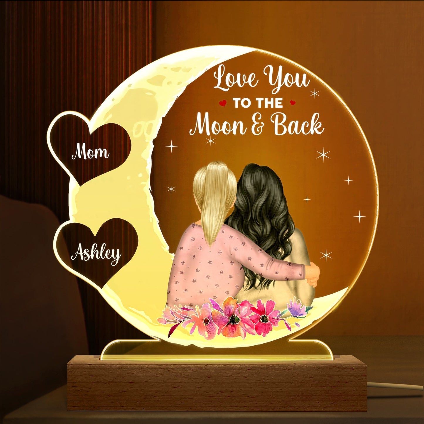 Mother & Daughter Love You To The Moon And Back - Personalized Custom 3D Led Light Wooden Base