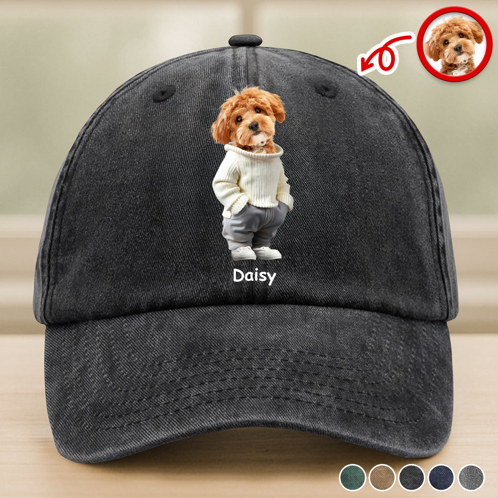 Custom Photo And Name Dog Washed Denim Baseball Cap For Dog Pet Lover
