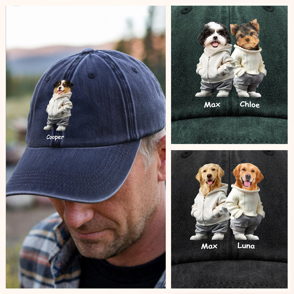 Custom Photo And Name Dog Washed Denim Baseball Cap For Dog Pet Lover