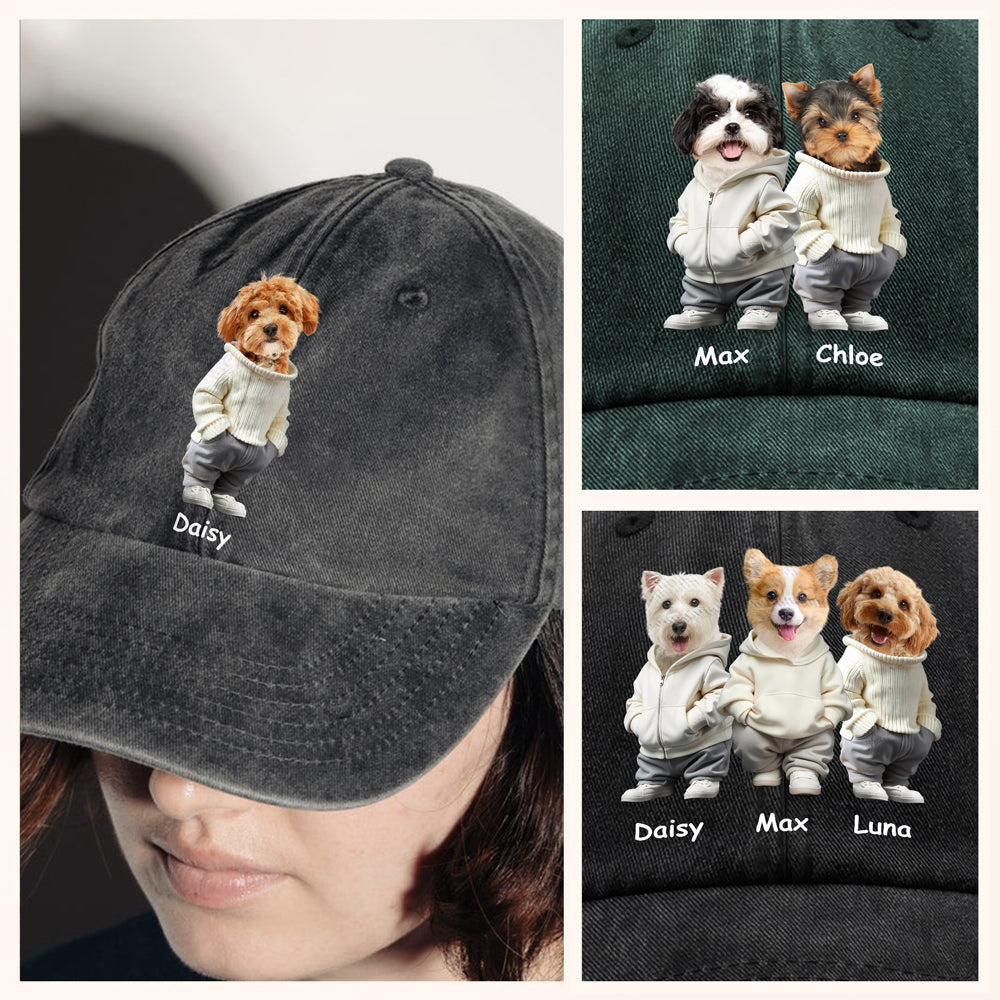 Custom Photo And Name Dog Washed Denim Baseball Cap For Dog Pet Lover