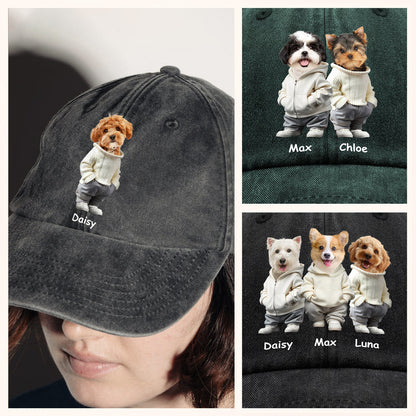 Custom Photo And Name Dog Washed Denim Baseball Cap For Dog Pet Lover