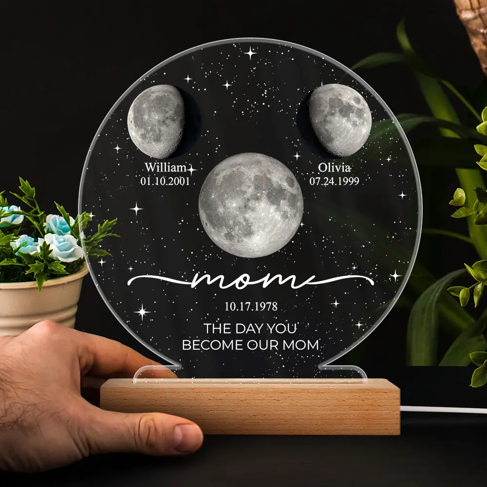 Moon Phase We Love You To The Moon And Back - Personalized 3D Led Light Wooden Base