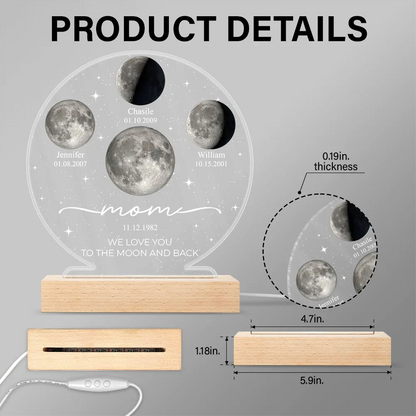 Moon Phase We Love You To The Moon And Back - Personalized 3D Led Light Wooden Base