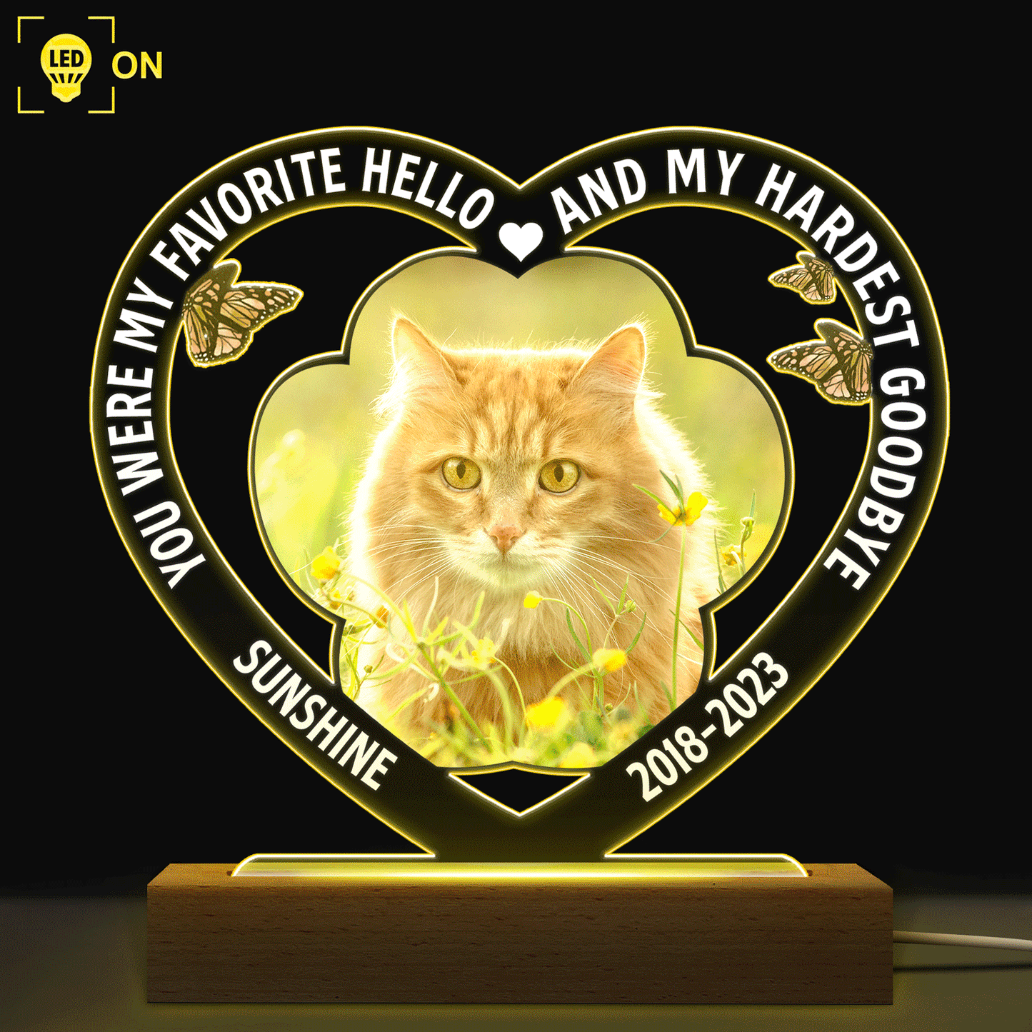 Custom Photo Dog Cat My Favorite Hello & Hardest Goodbye - Personalized 3D Led Light Wooden Base