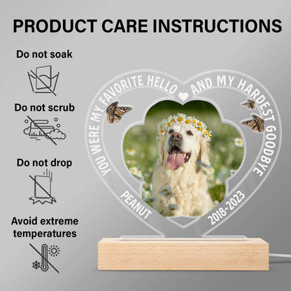 Custom Photo Dog Cat My Favorite Hello & Hardest Goodbye - Personalized 3D Led Light Wooden Base
