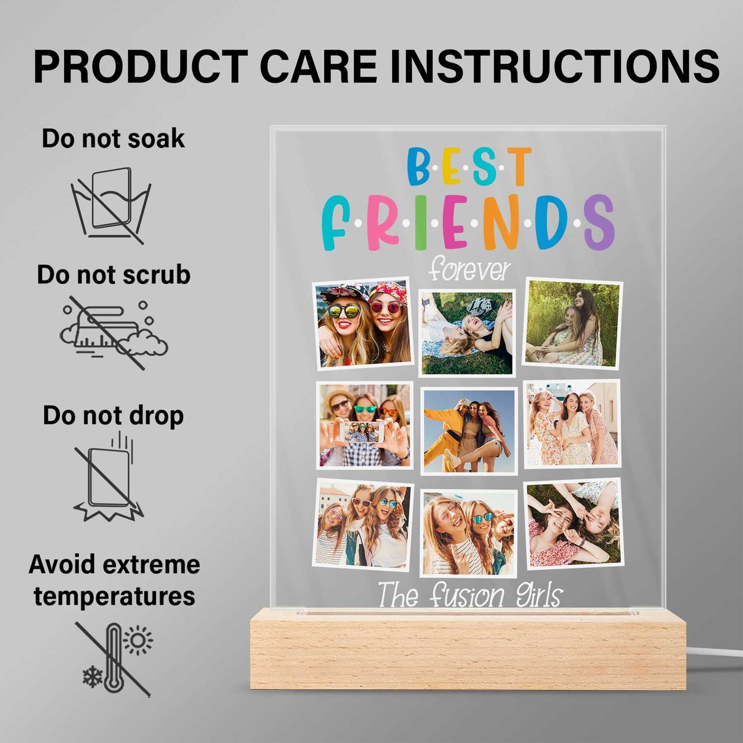 Custom Photo Best Friends Forever - Personalized 3D Led Light Wooden Base