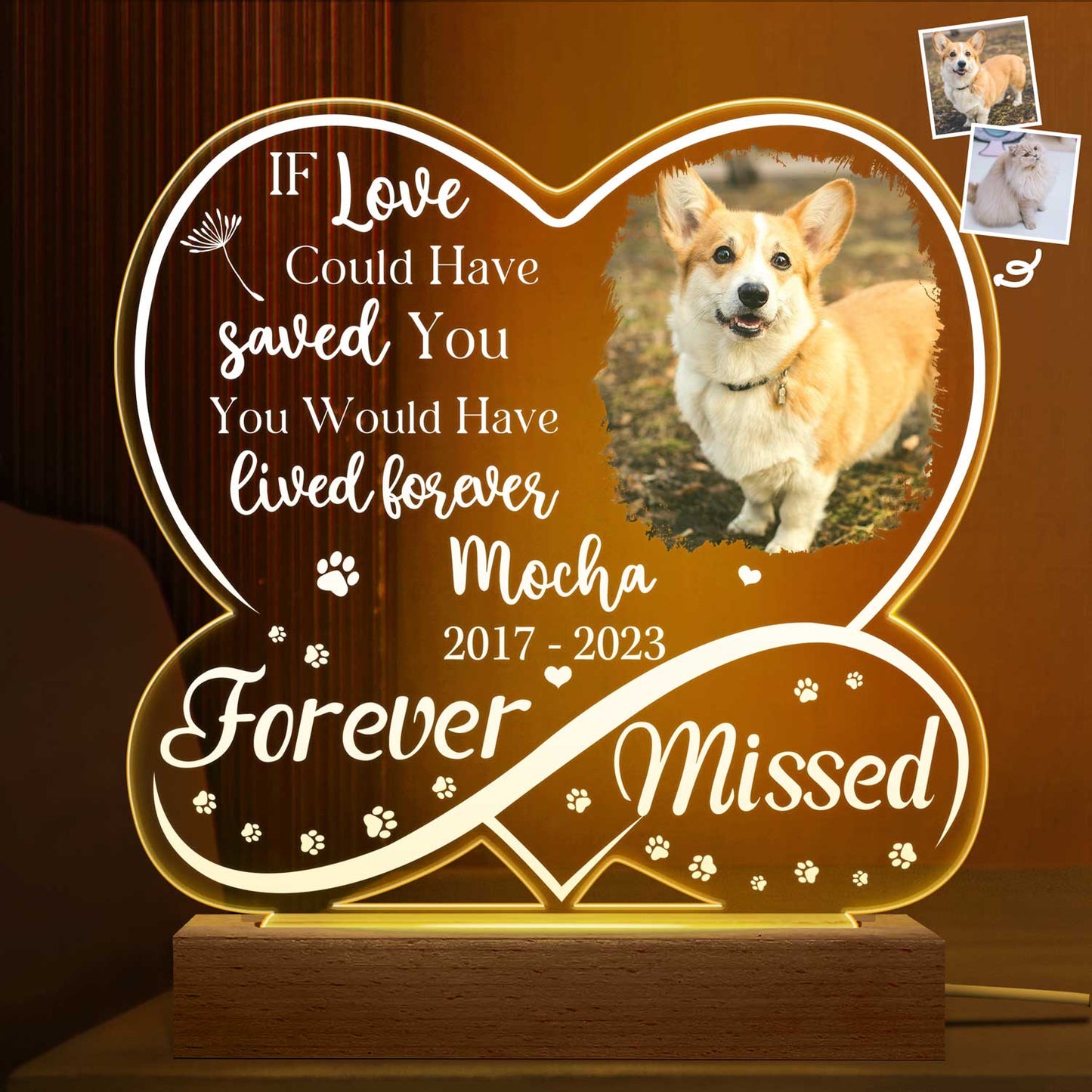Custom Photo Dog Cat Infinity Heart Forever Missed - Personalized 3D Led Light Wooden Base