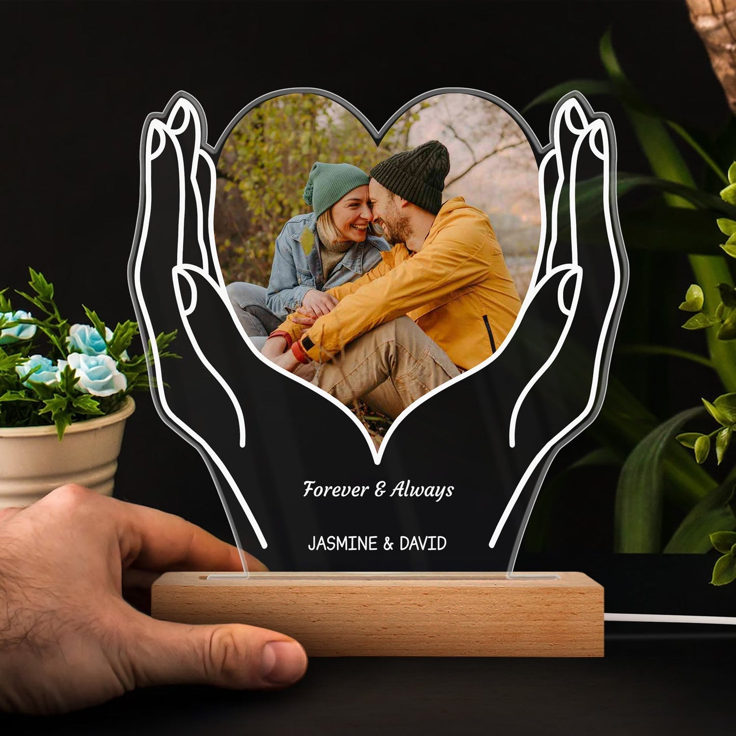 Custom Photo Cherished Heart - Personalized 3D Led Light Wooden Base