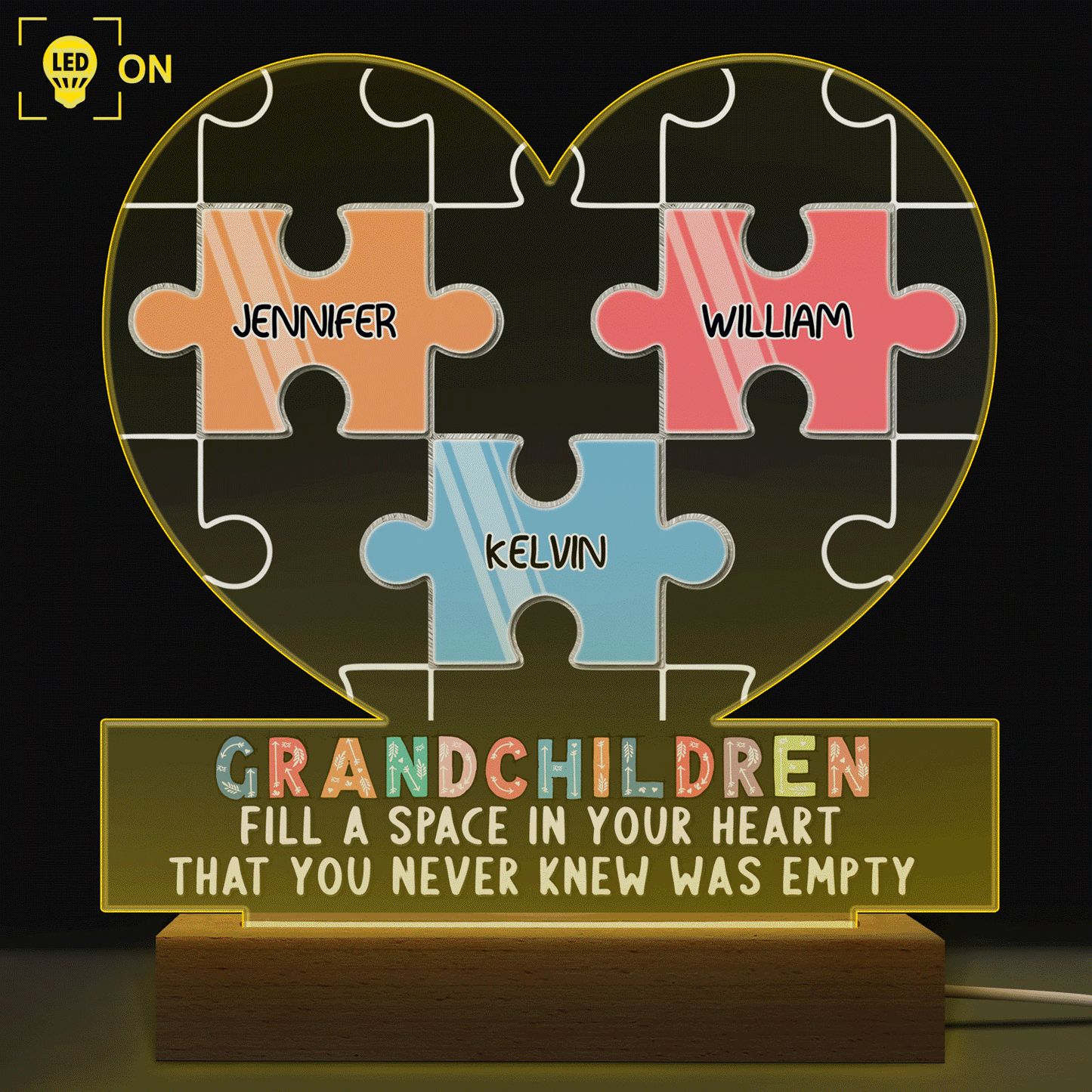 Grandchildren Fill A Space In Your Heart Puzzle - Personalized Custom 3D Led Light Wooden Base