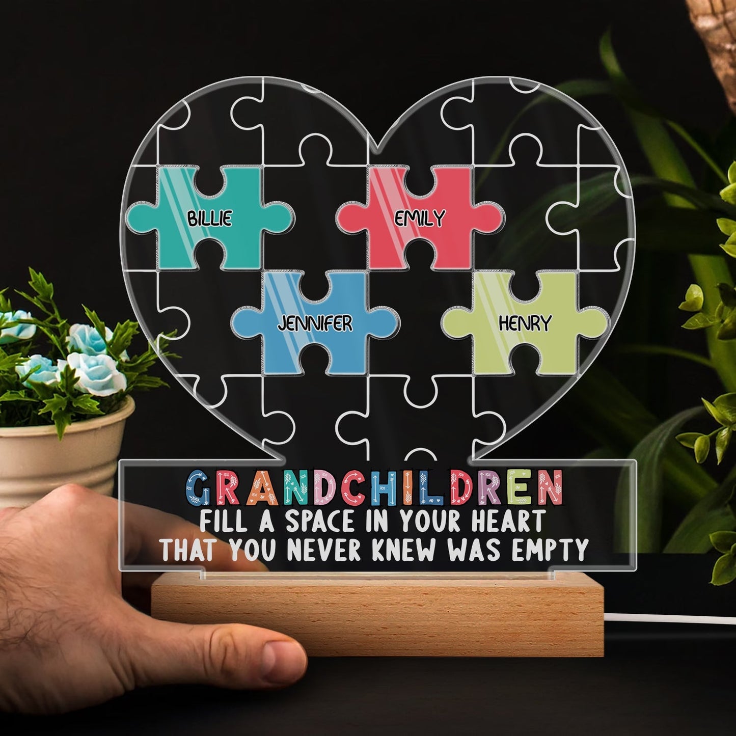 Grandchildren Fill A Space In Your Heart Puzzle - Personalized Custom 3D Led Light Wooden Base