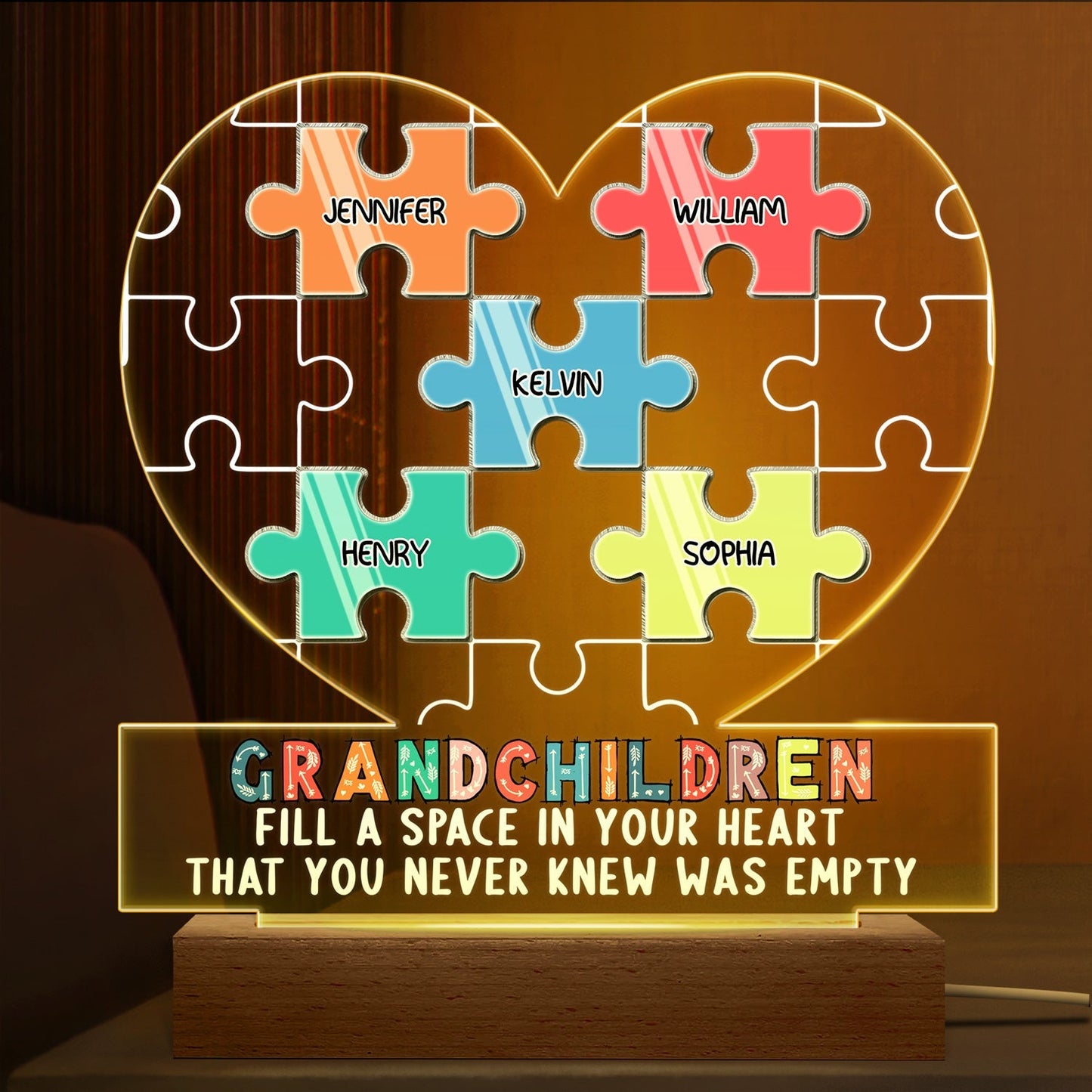 Grandchildren Fill A Space In Your Heart Puzzle - Personalized Custom 3D Led Light Wooden Base