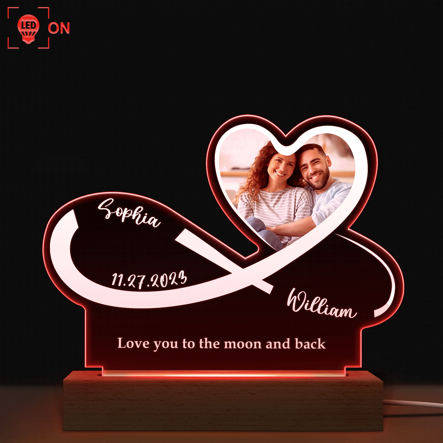 Custom Photo Infinity Heart - Personalized 3D Led Light Wooden Base