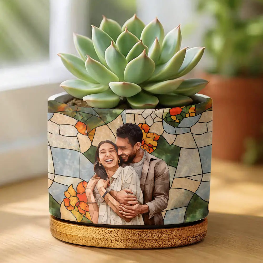 Custom Photo Stained Glass Portrait Mom Grandma Parents Family - Personalized Ceramic Plant Pot