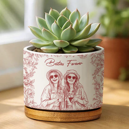 Custom Photo Pencil Sketch A True Friendship Is A Journey Without An End - Personalized Ceramic Plant Pot