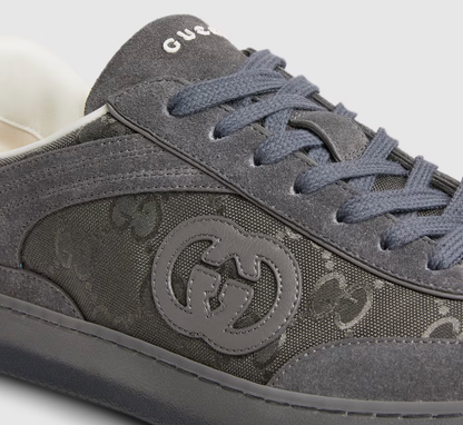 Men's Gucci G75 Logo-Appliquéd Leather-Trimmed Suede Grey Sneakers