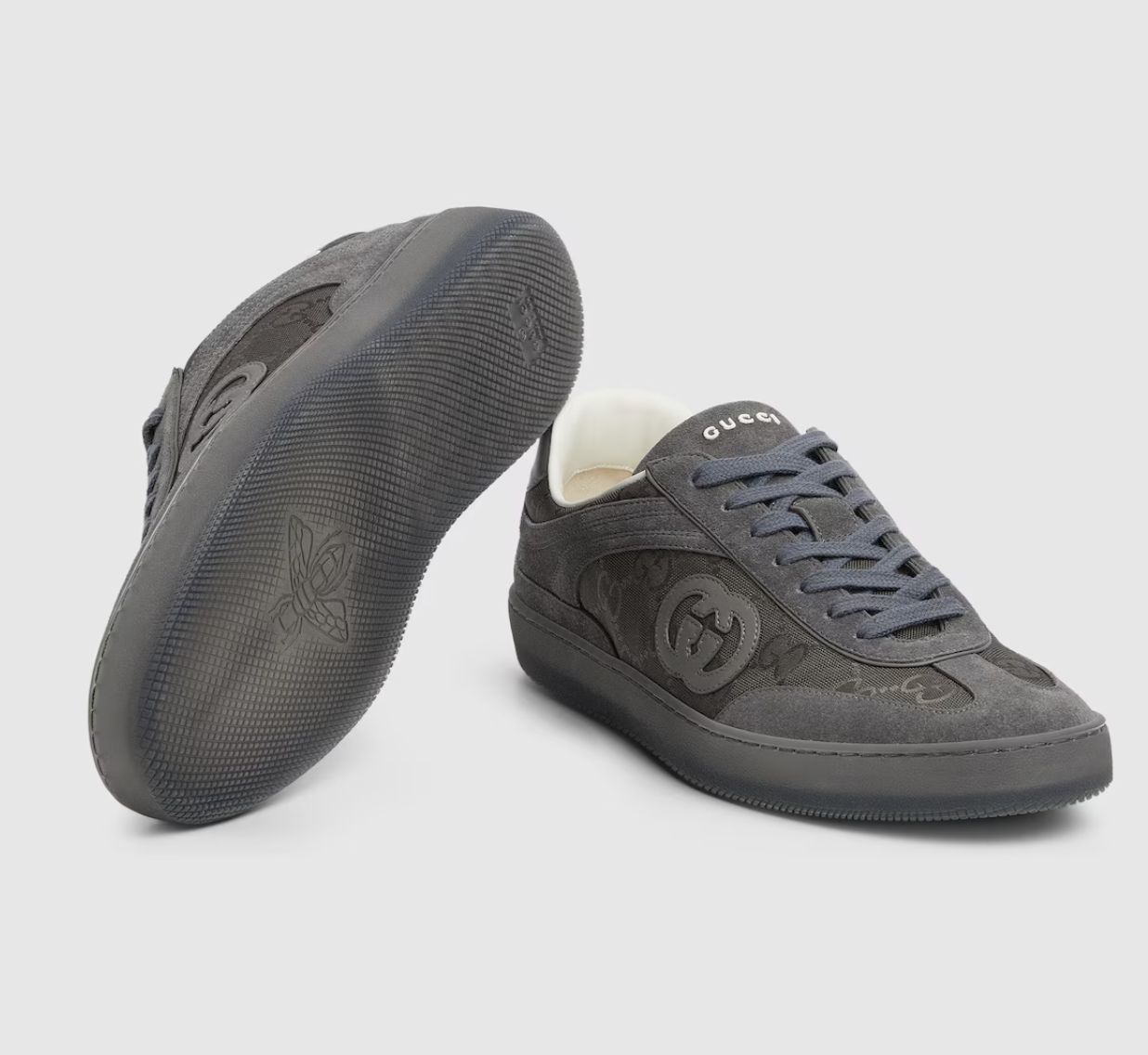 Men's Gucci G75 Logo-Appliquéd Leather-Trimmed Suede Grey Sneakers