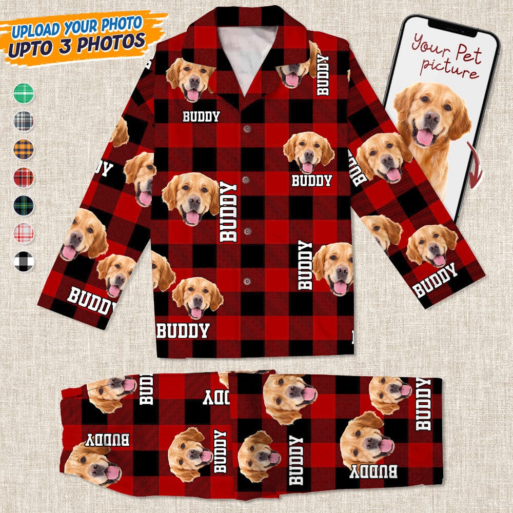 Custom Dog Cat Face Photo And Name Flannel Pajamas