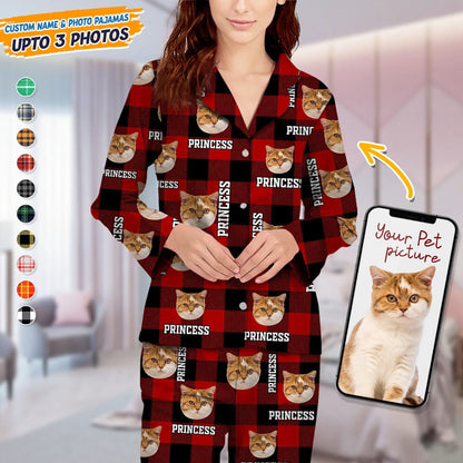 Custom Dog Cat Face Photo And Name Flannel Pajamas