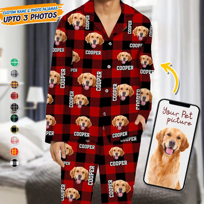 Custom Dog Cat Face Photo And Name Flannel Pajamas