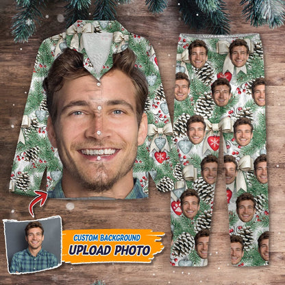 Custom Photo Portrait Face With Christmas Accessories Flannel Pajamas