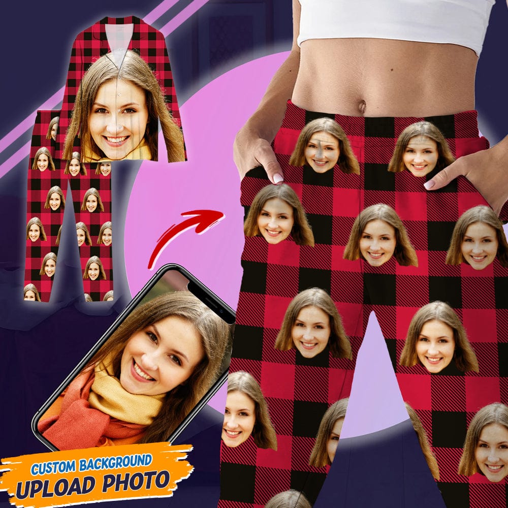 Custom Photo Portrait Face With Christmas Accessories Flannel Pajamas