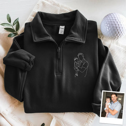 Custom Dad And Kids Portrait Photo Drawing Style Family Embroidered Quarter Zip Sweatshirt