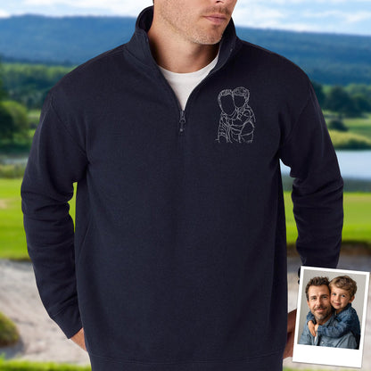 Custom Dad And Kids Portrait Photo Drawing Style Family Embroidered Quarter Zip Sweatshirt