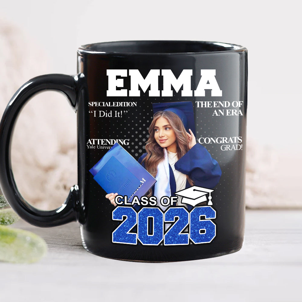 Custom Photo Congrats Class Of 2026 Magazine Graduation Gift Black Mug