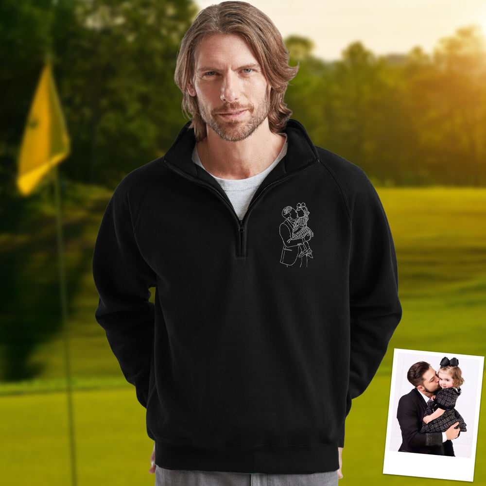 Custom Dad And Kids Portrait Photo Drawing Style Family Embroidered Quarter Zip Sweatshirt