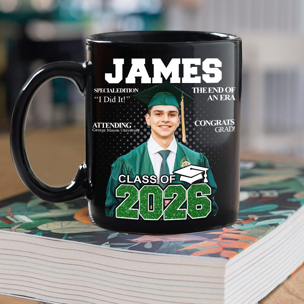 Custom Photo Congrats Class Of 2026 Magazine Graduation Gift Black Mug