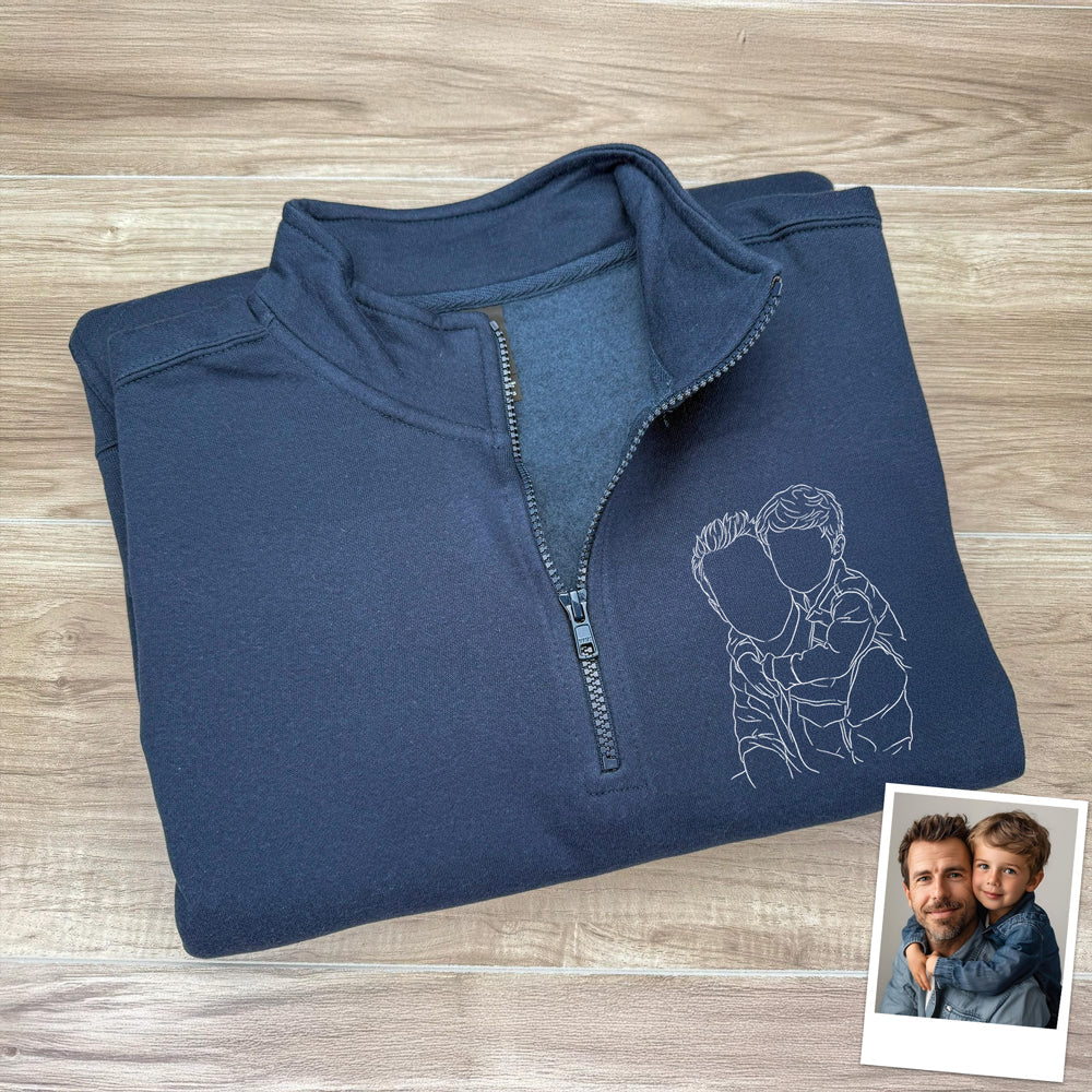 Custom Dad And Kids Portrait Photo Drawing Style Family Embroidered Quarter Zip Sweatshirt