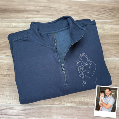 Custom Dad And Kids Portrait Photo Drawing Style Family Embroidered Quarter Zip Sweatshirt