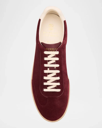 Men's Brunello Cucinelli Suede T-Toe Low-Top Burgundy Sneakers