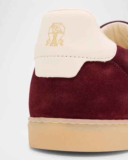 Men's Brunello Cucinelli Suede T-Toe Low-Top Burgundy Sneakers