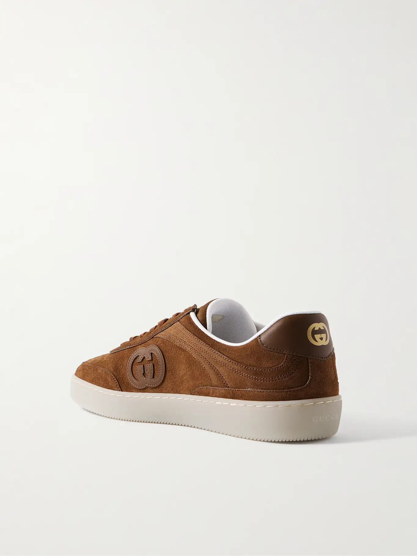 Men's Gucci G75 Logo-Appliquéd Leather-Trimmed Suede Light Brown Suede Sneakers