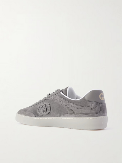 Men's Gucci G75 Logo-Appliquéd Leather-Trimmed Suede Grey Suede Sneakers